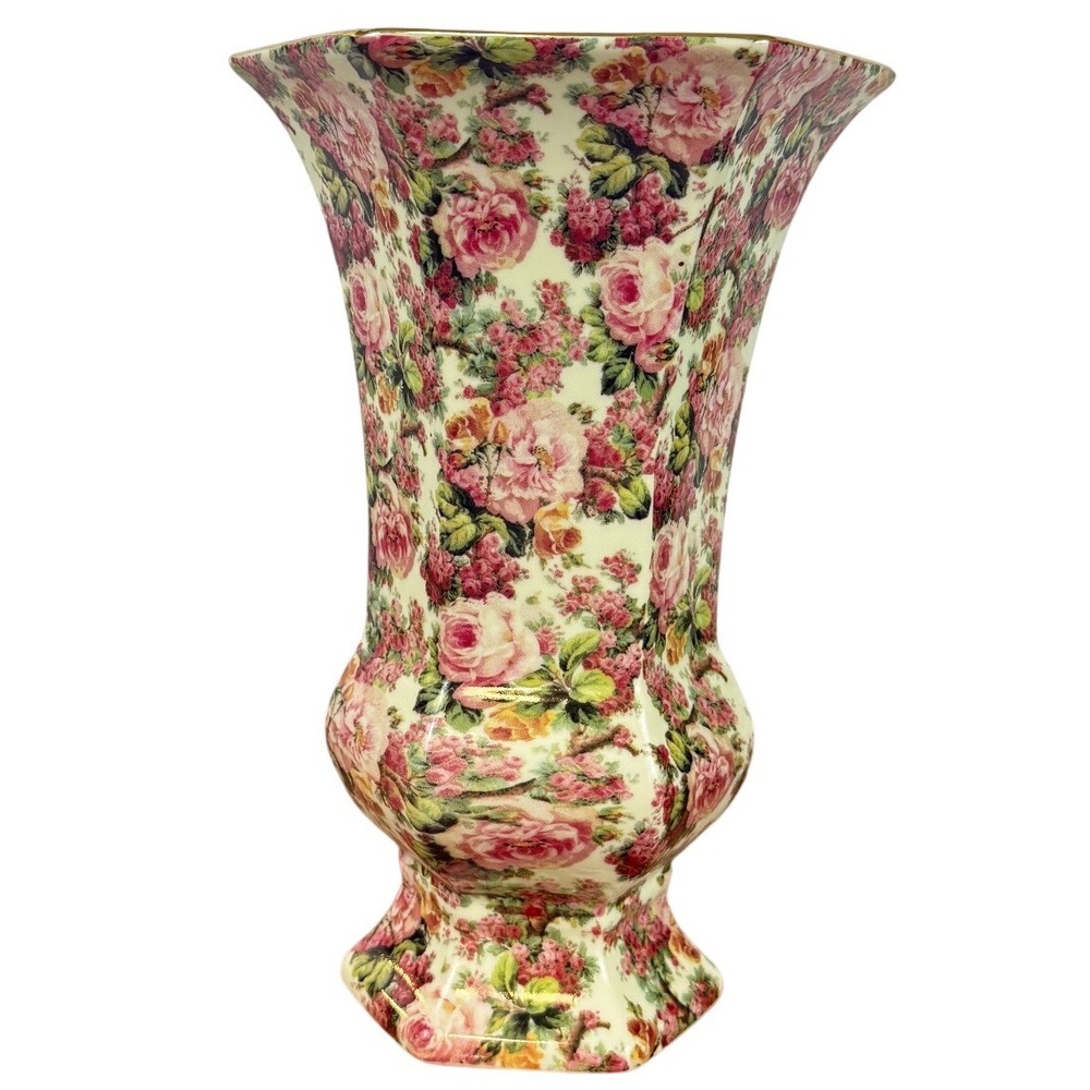 Vintage Formalities 1980s Baum Bros‎ Rose Chintz 10" Pedestal Hexagonal Vase EUC